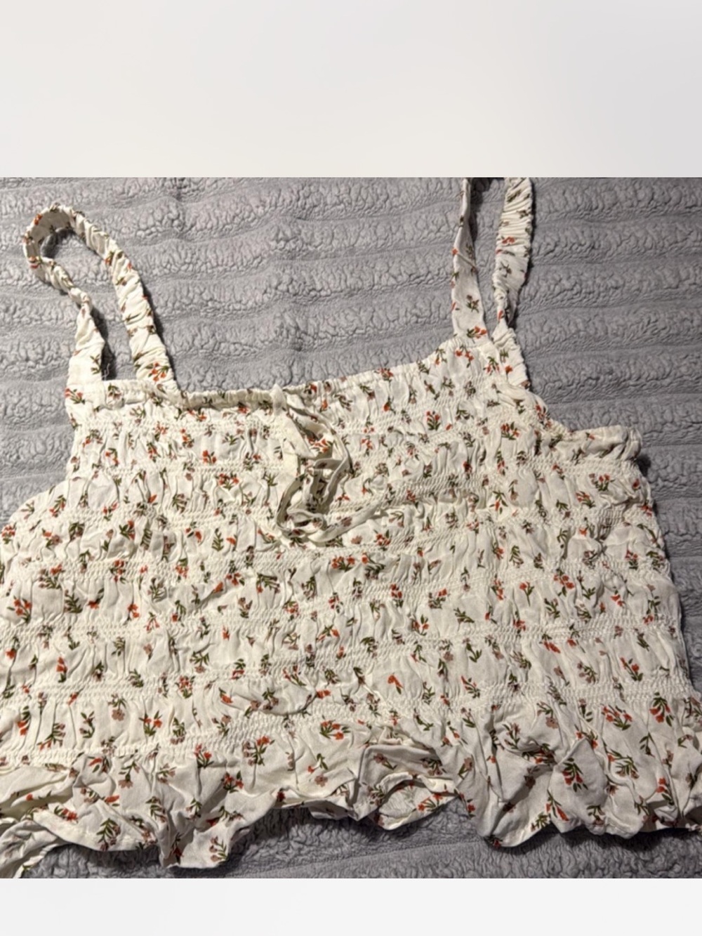 White Floral Smocked Tank Top with Adjustable Straps